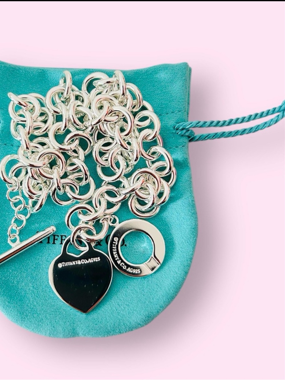 Tiffany & Co. Silver Heart Tag Toggle Bracelet on Blue Pouch
